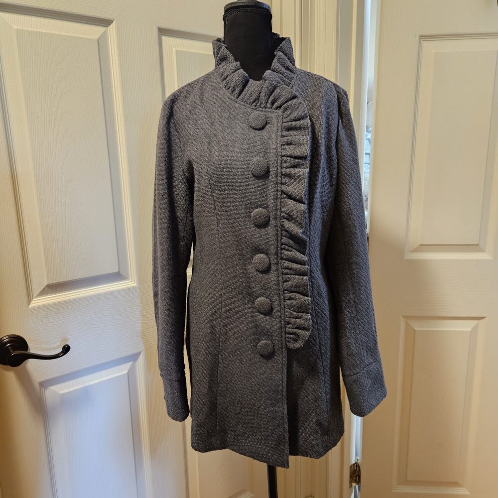 Tulle Ruffle Front Wool Blend Coat Gray Tweed Herringbone Winter Jacket Lined L
